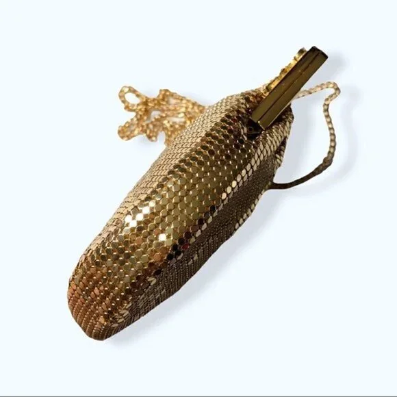 Whiting & Davis Bag 70s Gold Mesh Kiss Snap Evening Bag Crossbody Strap Purse - Picture 10 of 13